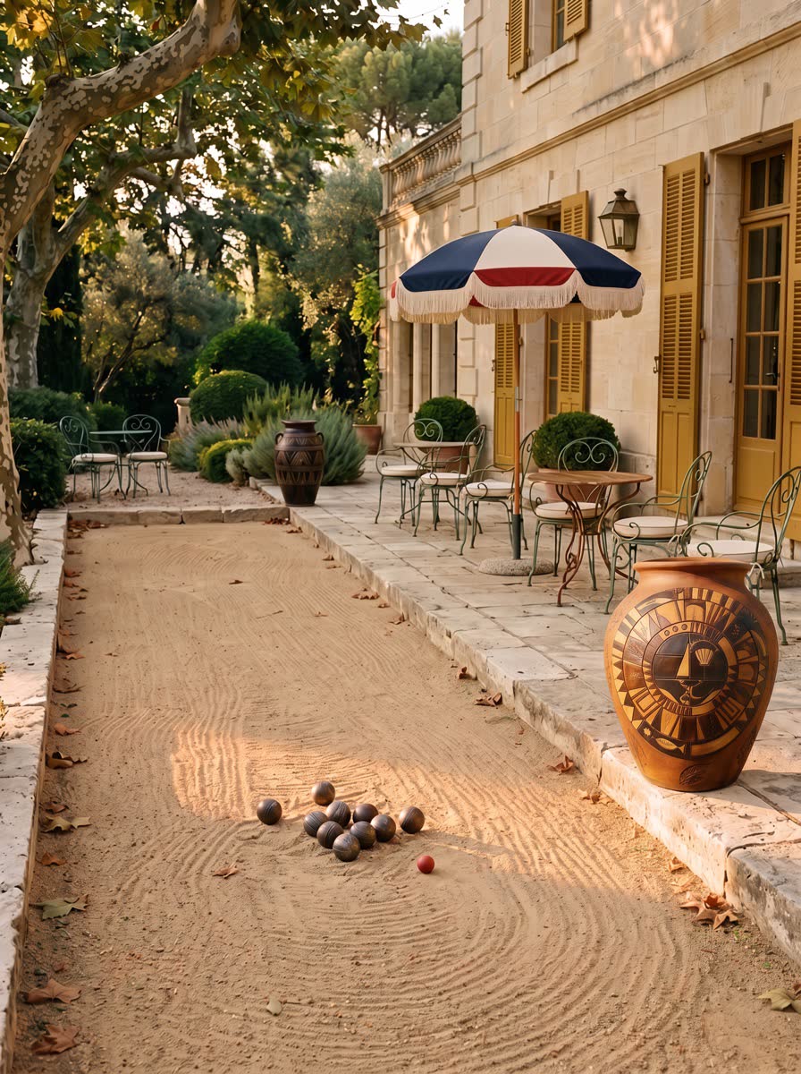 The boules court, raked and waiting under the umbrella