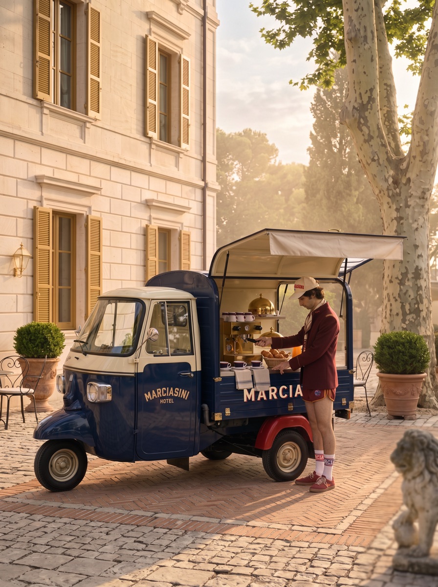 The Marciasini coffee cart, Le Chauffeur serving