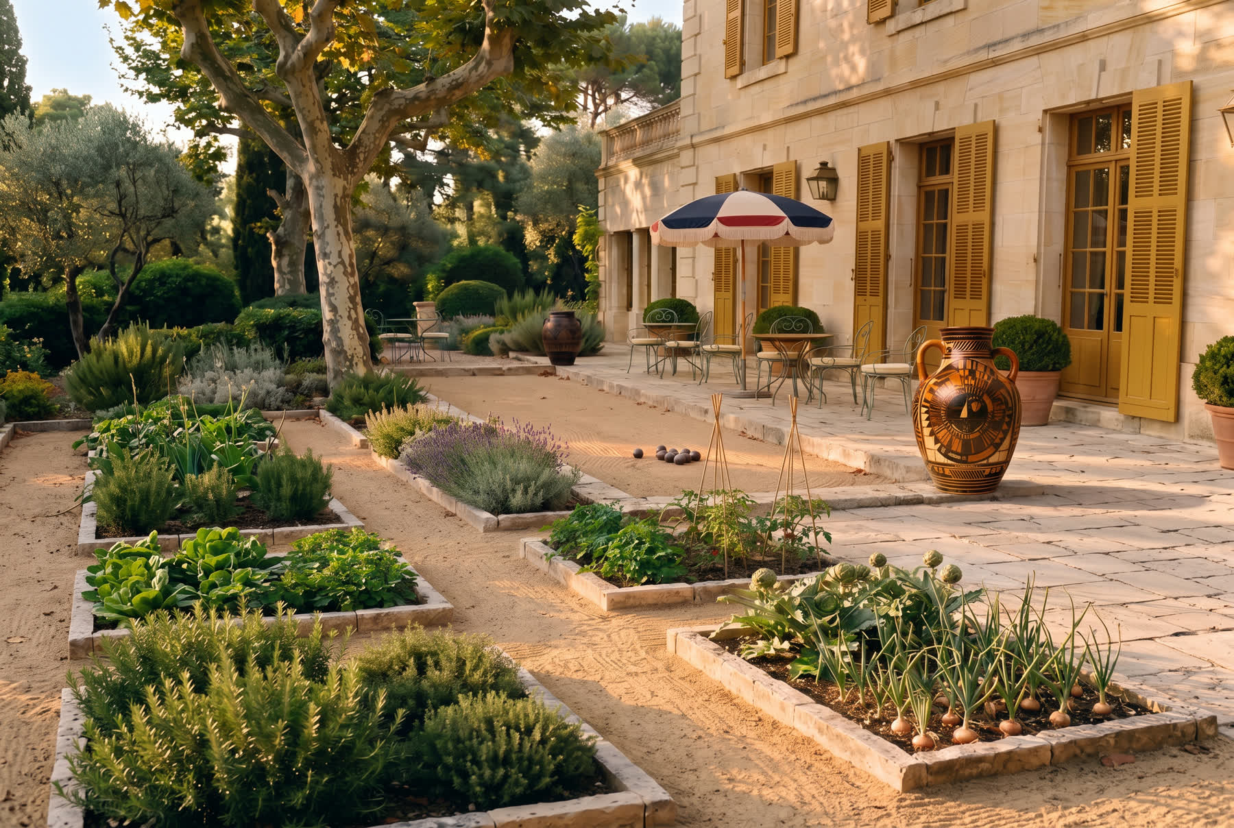 The garden along the house, herb beds