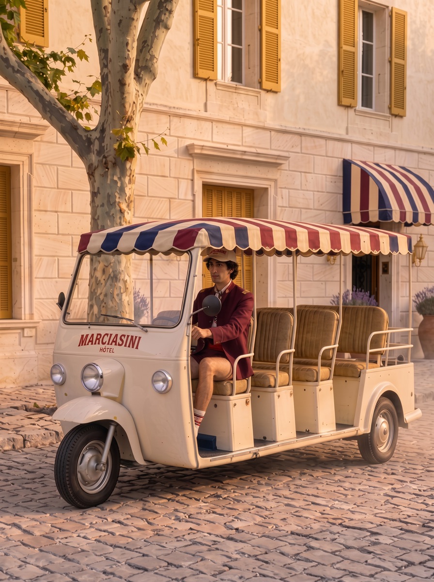 The hotel shuttle under its striped canopy