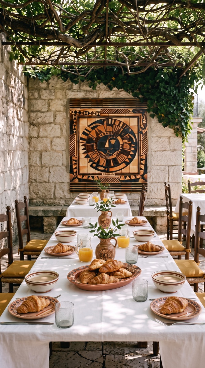 Breakfast laid on the patio, croissants under the vines