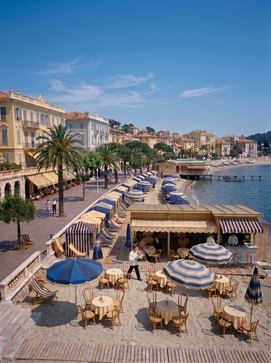 The beach club, striped cabanas and umbrellas along the promenade