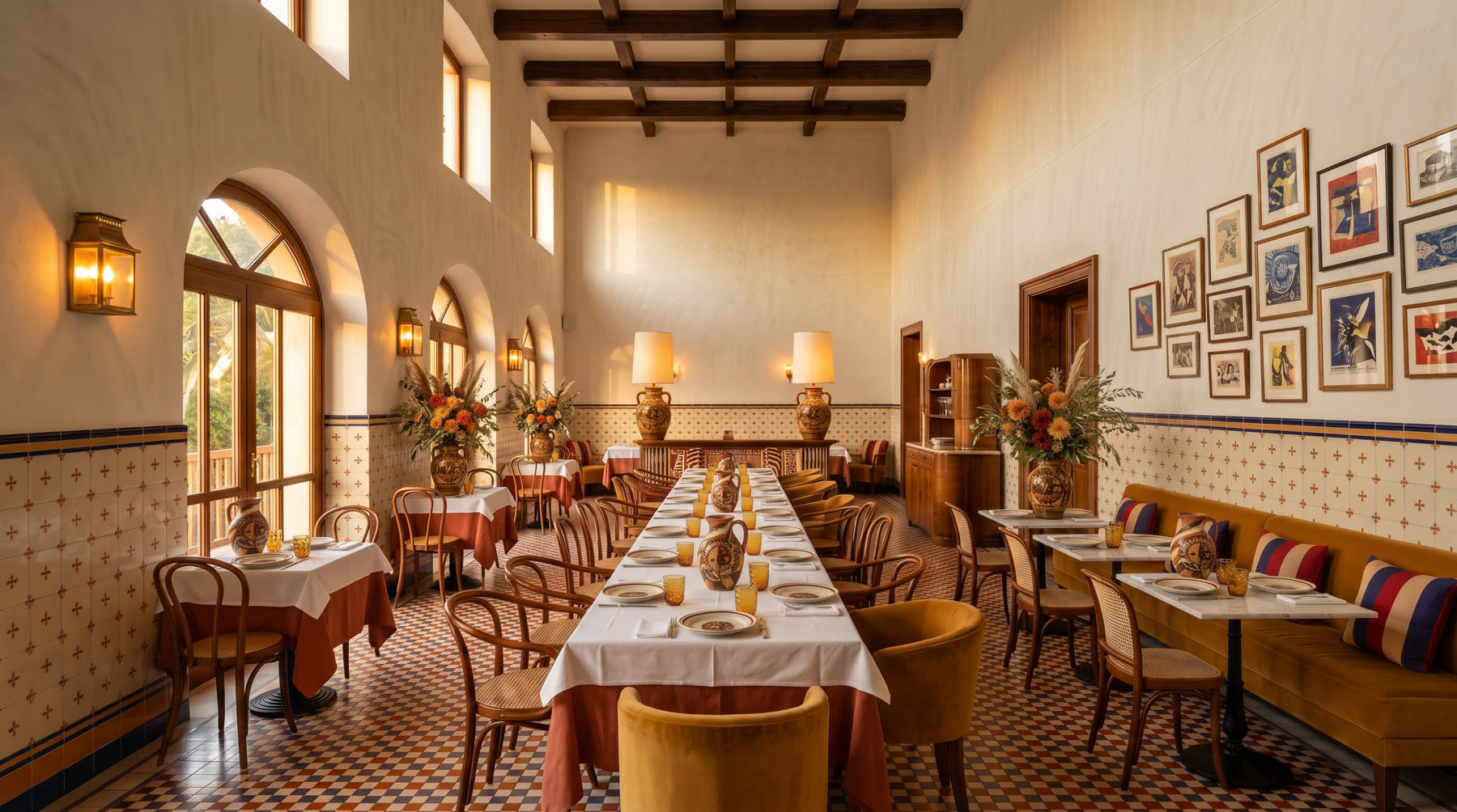Inside the restaurant, the long tables laid for Sunday