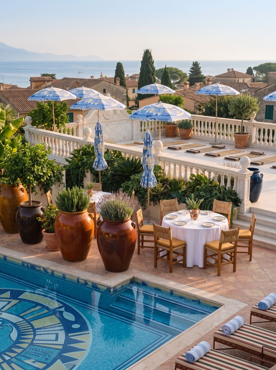 The terrace beside the pool, a table laid under the parasols