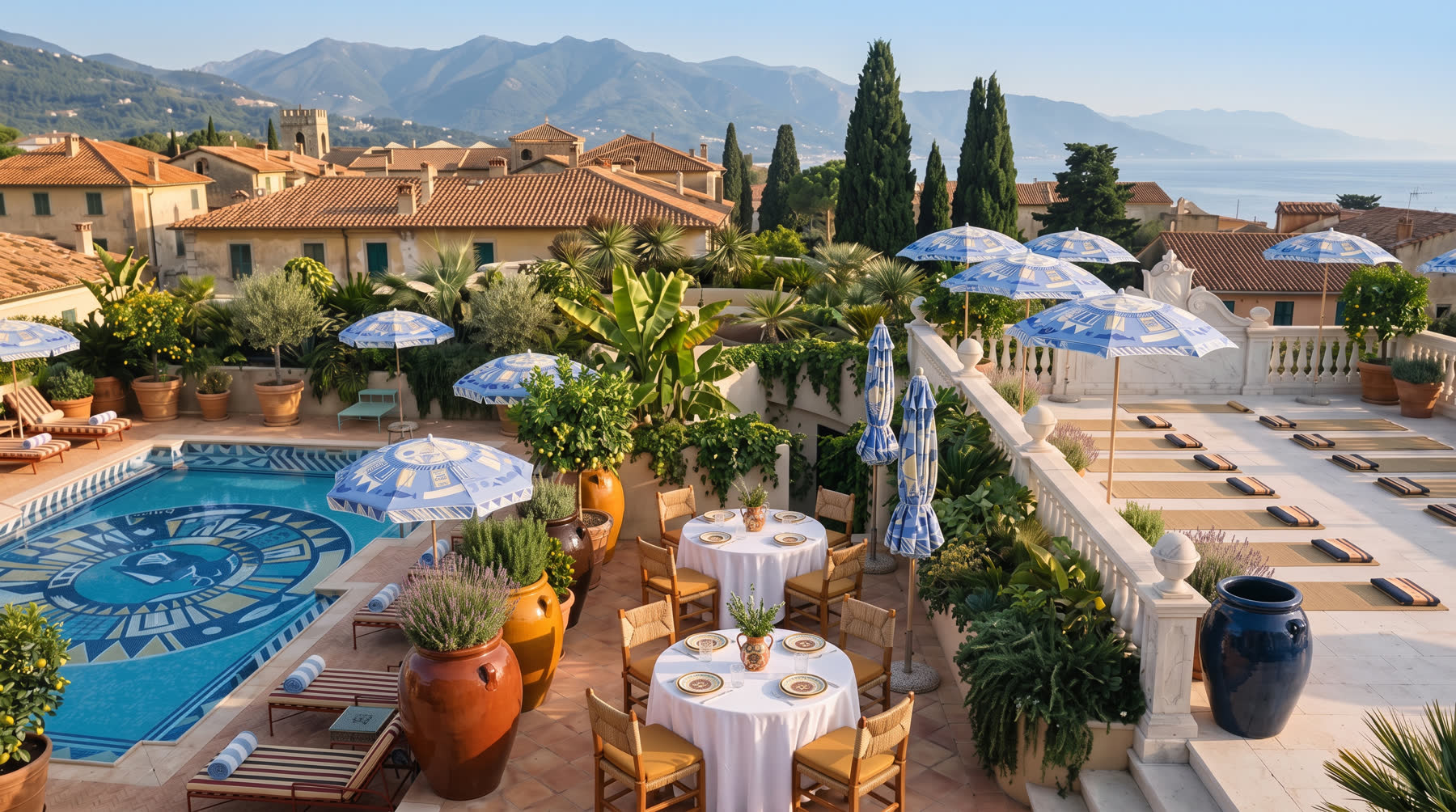 The roof terrace, parasols and the mosaic pool above the town